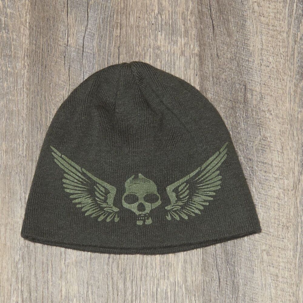 Green Beanie Skull Cap with Skull and Wings OS Knitted Acrylic